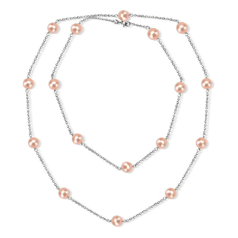 diamond tennis necklace for women -DaVonna Silver Chain and Pink Baroque Freshwater Pearl 36-inch Necklace (7-7.5 mm)