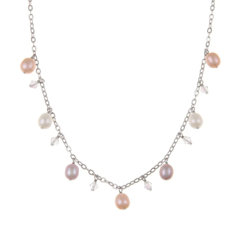 long necklace for layering -DaVonna Silver Multi Pink FW Pearl and Crystal Beads 18-inch Necklace (6.5-7 mm)