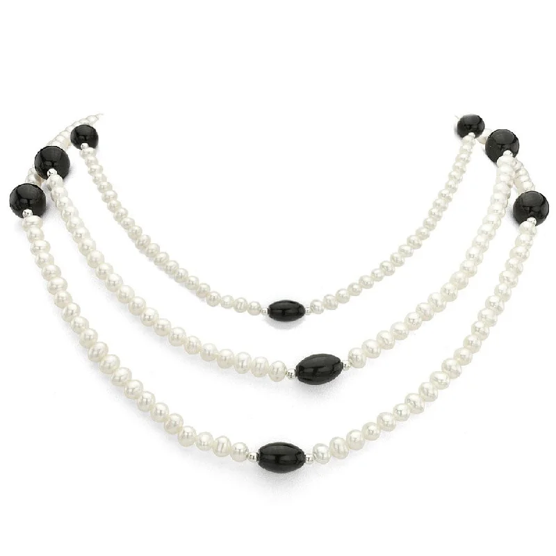 two-tone necklace for women -DaVonna Silver White FW Pearl with Black Onyx and Agate 3-row Necklace (4-5 mm)