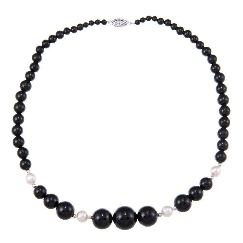 delicate gold necklace for daily wear -DaVonna Sterling Silver 8-9 mm White Freshwater Pearls Black Onyx Graduated Necklace 18"