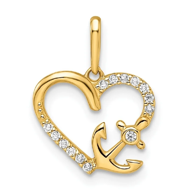 gold pendant necklace for men -Diamond2Deal 14K Yellow Gold Cubic Zirconia Heart with Anchor Pendant (L-14.5mm, W-12.52mm)