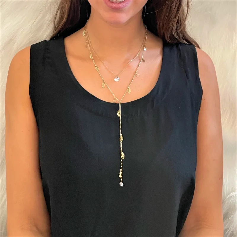 angel wing necklace for women -Double Layered Gold Leaf Y Necklace