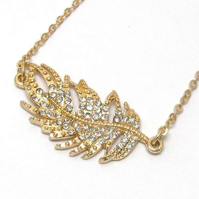 double chain necklace for men -Gold and Crystal Leaf Pendant Necklace