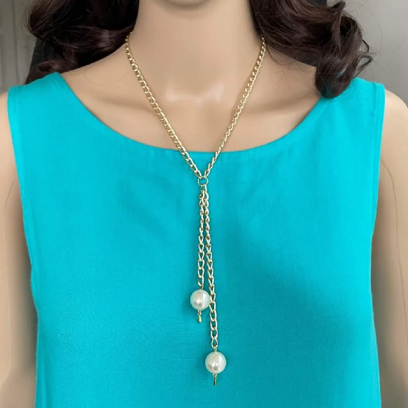 moon pendant necklace for women -Gold Chain and Pearl Lariat Necklace