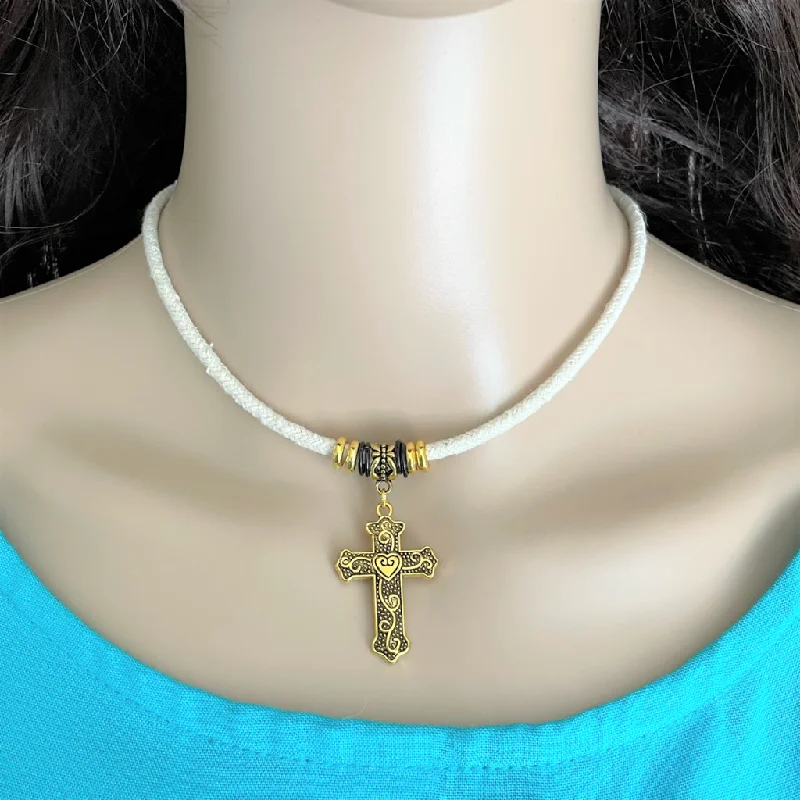 elegant diamond necklace for weddings -Gold Cross on White Cord Choker