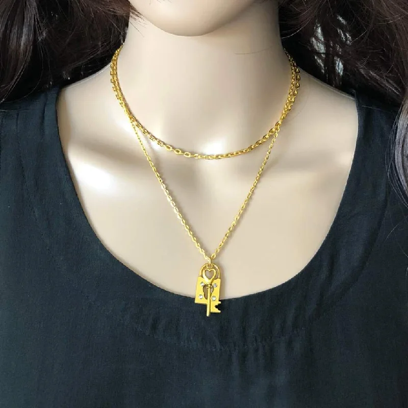 cute pendant necklace for kids -Gold Key and Lock Layered Necklace