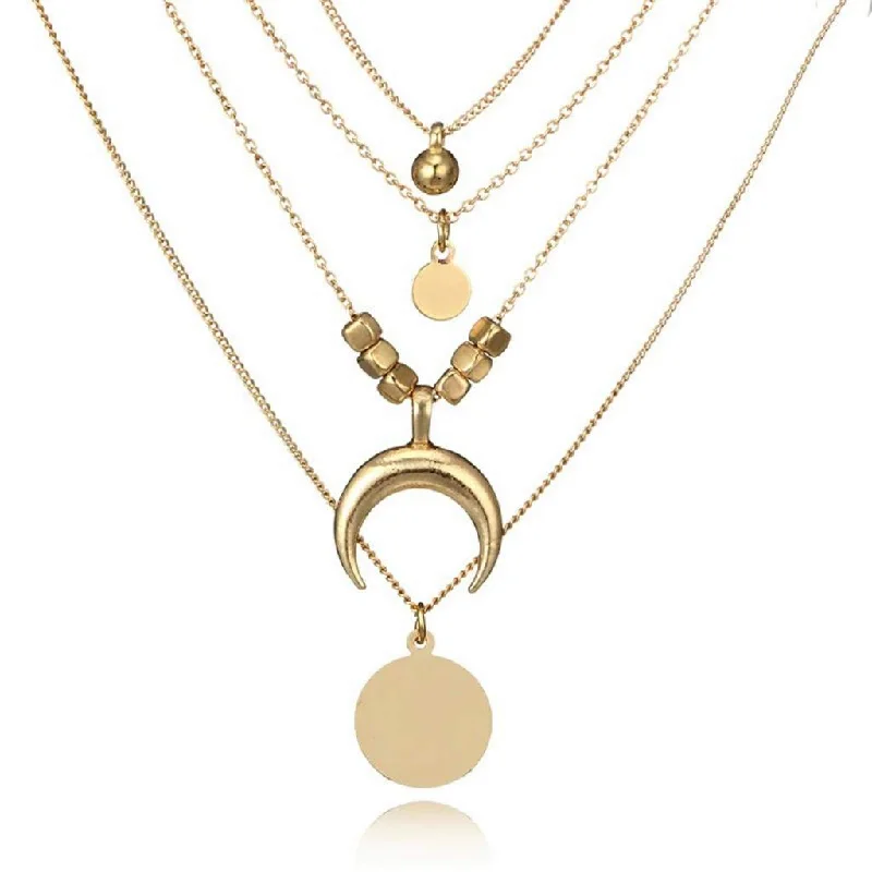 flower pendant necklace for women -Gold Layered Crescent and Disc Necklace