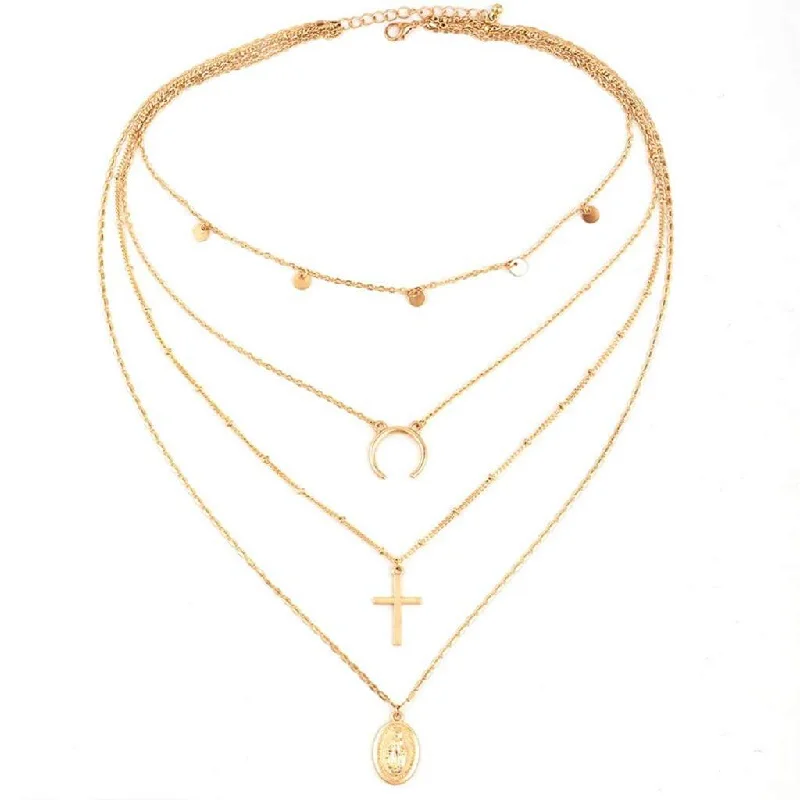 moon pendant necklace for women -Gold Layered Cross, Mother Mary, and Crescent Necklace