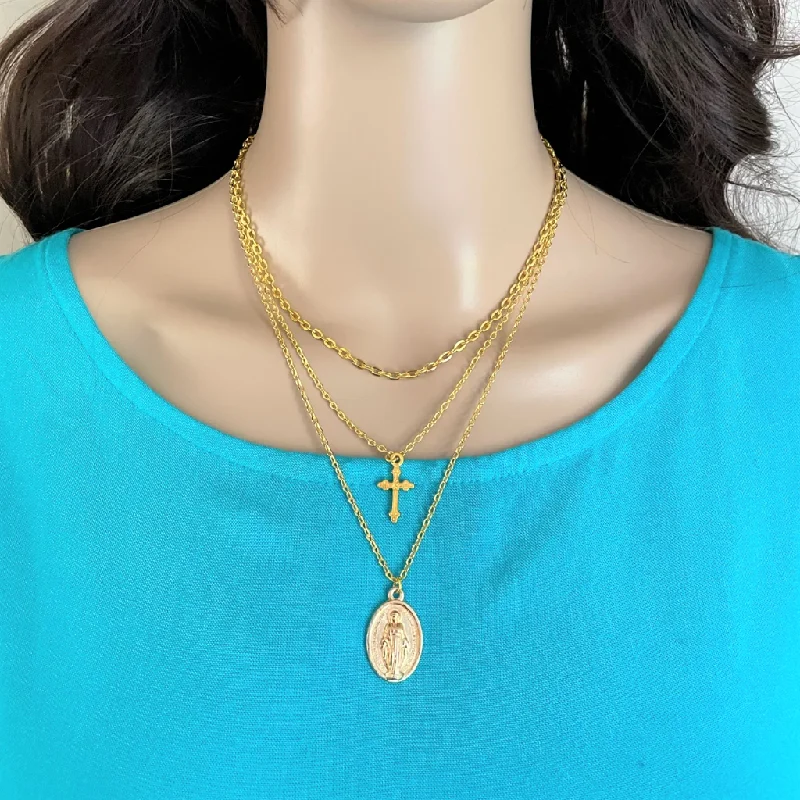 pearl necklace for brides -Gold Layered Mother Mary and Cross Necklace