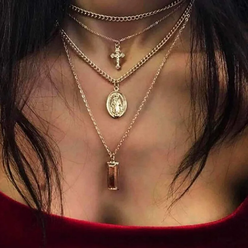 custom nameplate necklace -Gold Layered Mother Mary and Cross Necklace