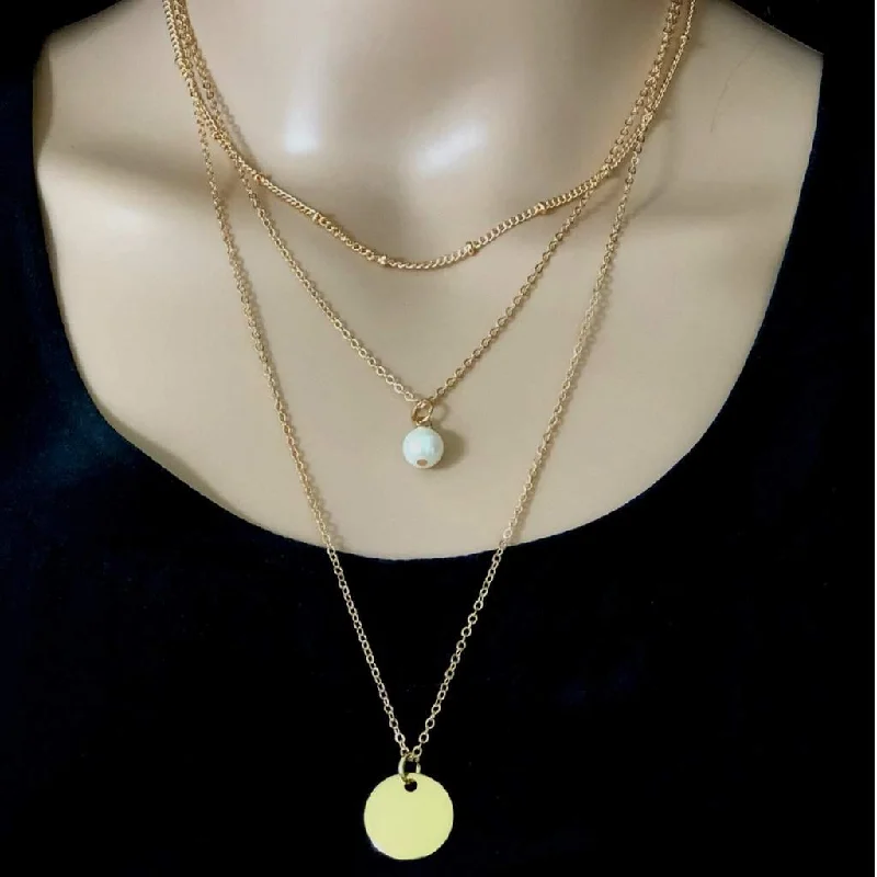 vintage necklace for women -Gold Layered Pearl Drop and Disc Necklace