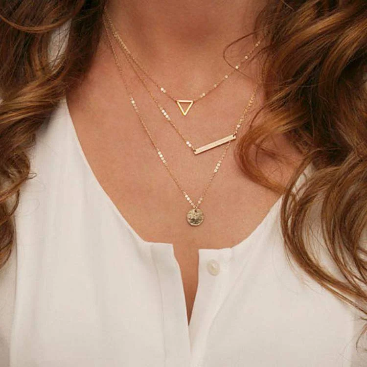 diamond tennis necklace for women -Gold Layered Triangle, Bar, and Disc Necklace