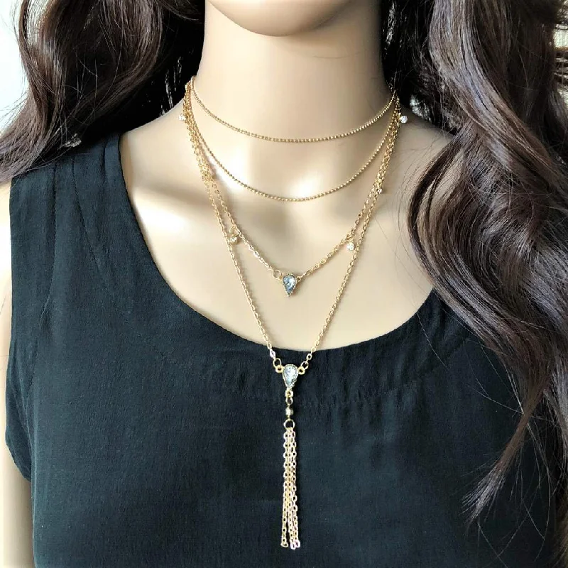 stylish choker necklace for women -Gold Multi Layered Crystal and Tassel Necklace