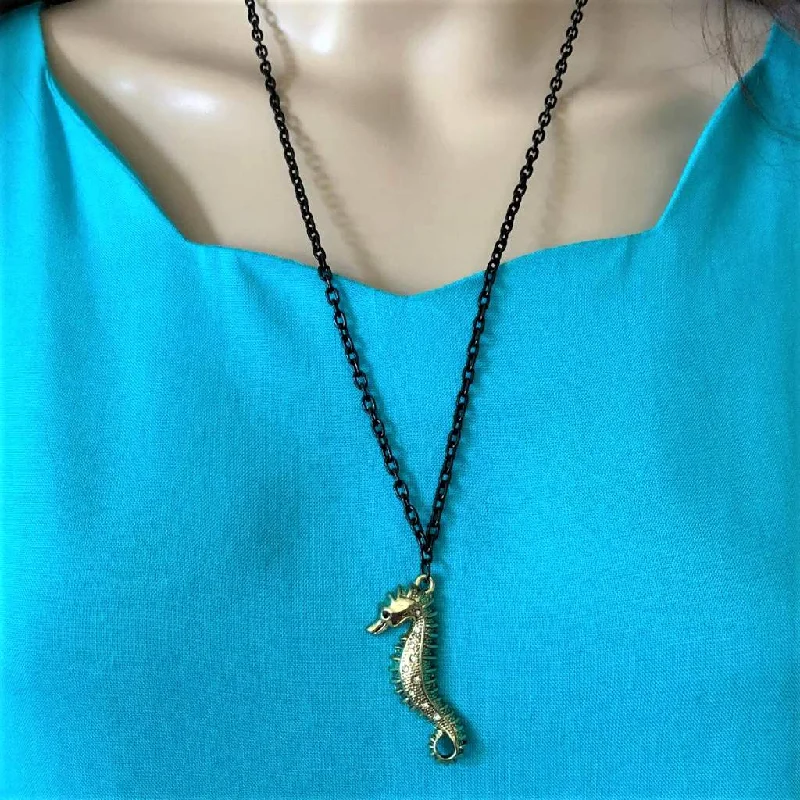 custom letter necklace for girls -Gold Seahorse on Black Chain with Crystals