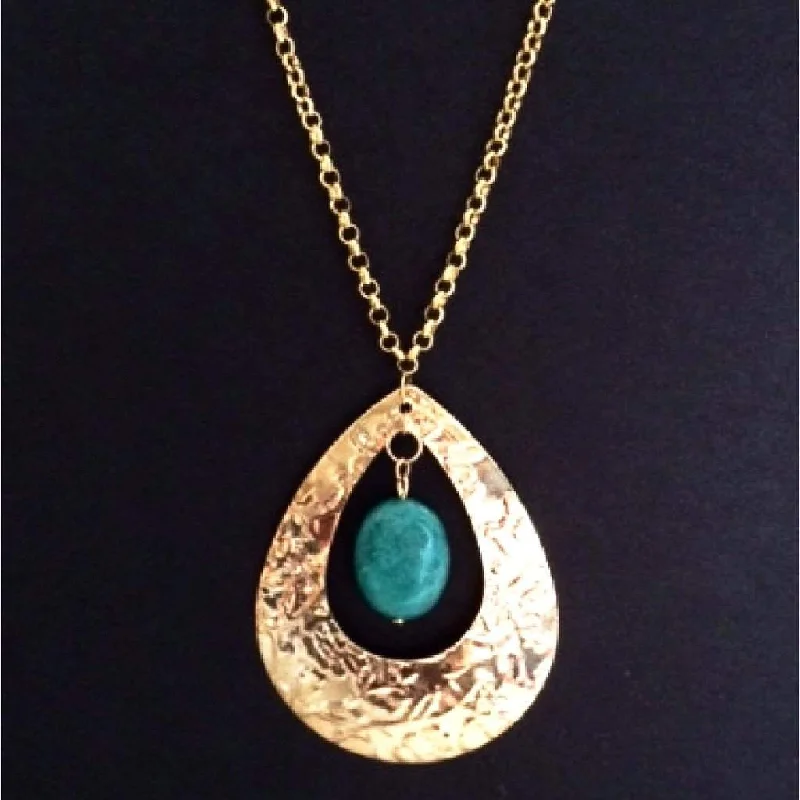 long pendant necklace for women -Gold Tone Teardrop Pendant with Green Amazonite Stone