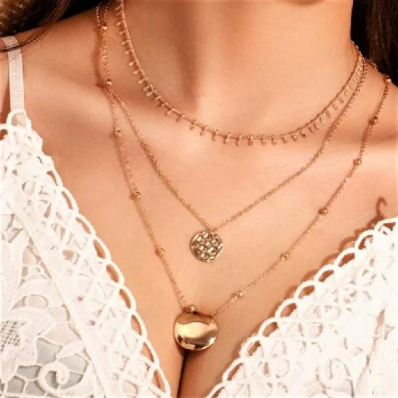 two-tone necklace for women -Gold Triple Chain Disc Layered Necklace