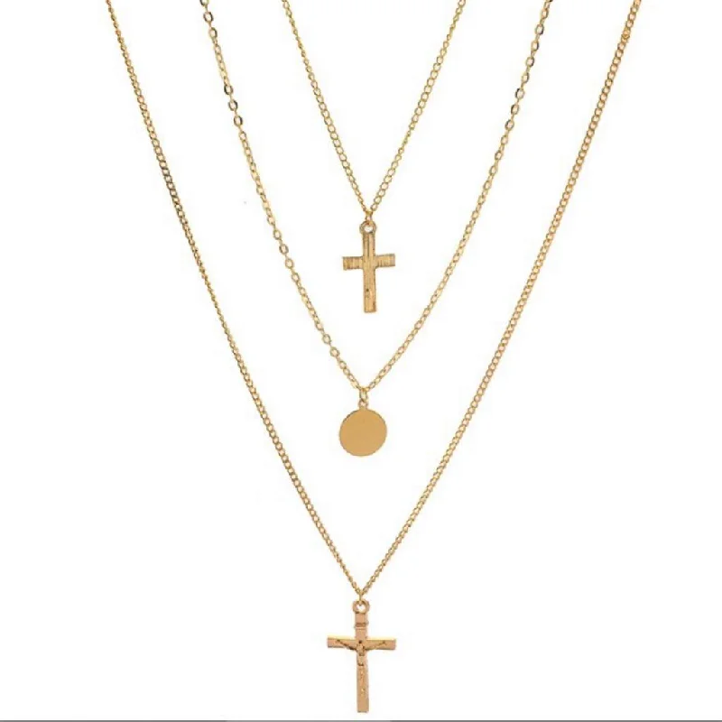 butterfly pendant necklace -Gold Triple Layered Double Cross and Disc Necklace