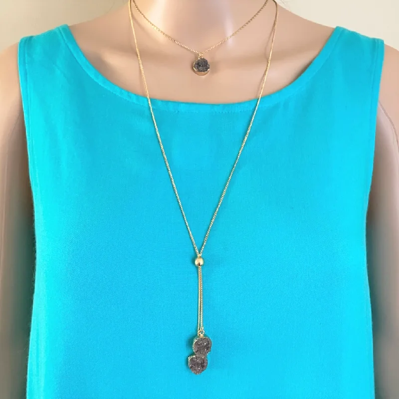 vintage-inspired necklace for women -Hematite Druzy Drop Long Layered Lariat Necklace