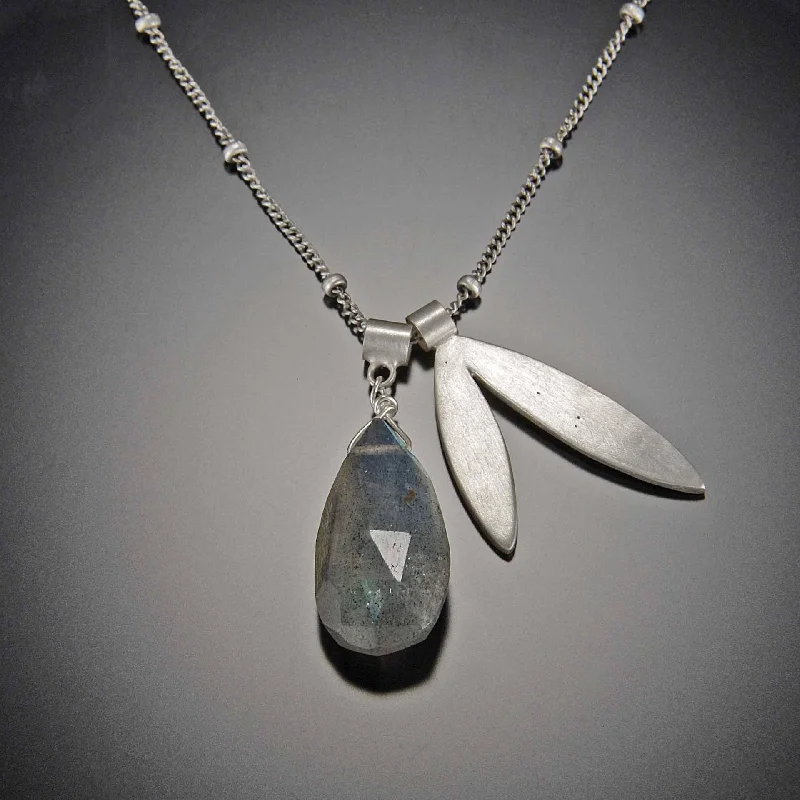 sterling silver heart pendant for women -Large Faceted Labradorite and Leaf Charm Necklace