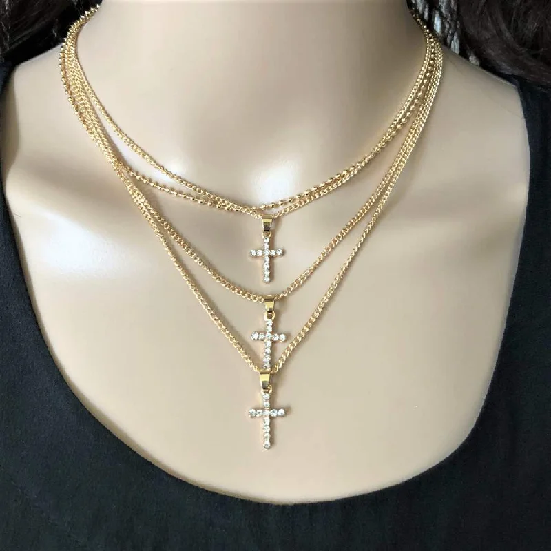 round pendant necklace for men -Layered Gold or Silver Crystal Cross Necklace