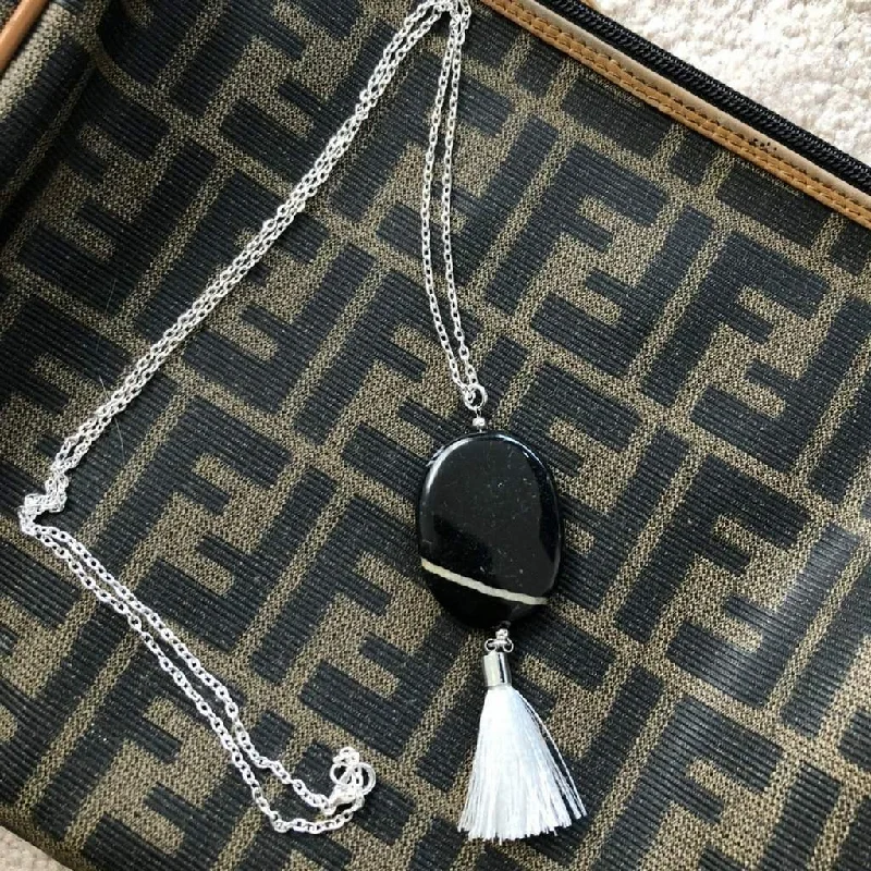 elegant pearl necklace for events -Long Black and White Marble Stone Necklace with White Tassel