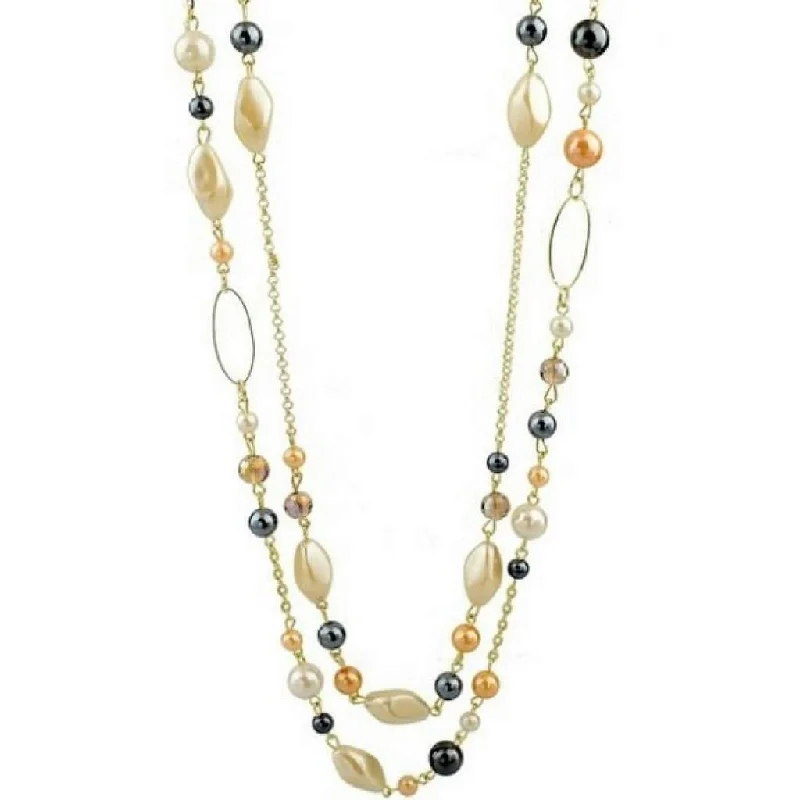 polished silver necklace for men -Long Layered Gold Chain and Bead Necklace