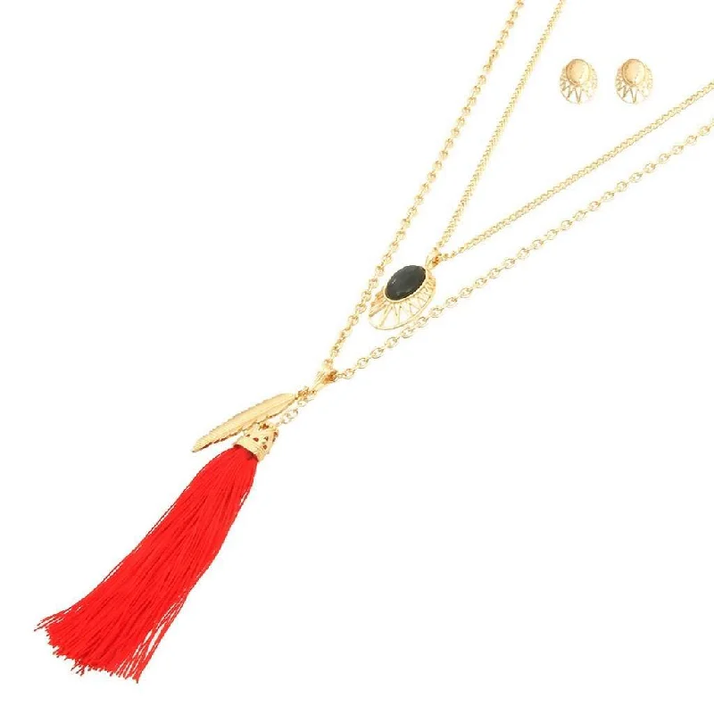 geometric necklace for women -Long Layered Red Tassel and Leaf Necklace