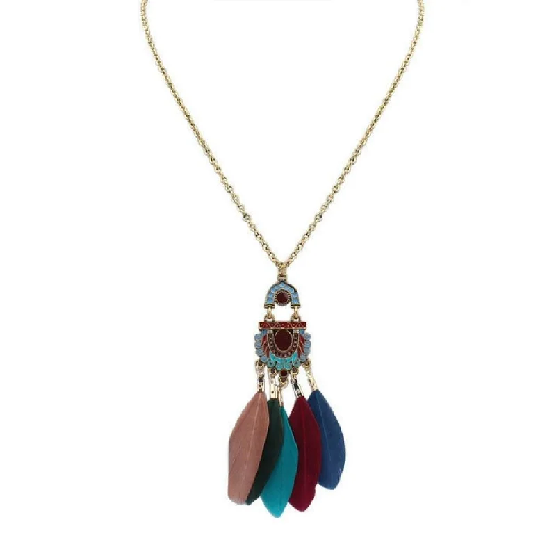 personalized charm necklace for moms -Long Multi Colored Feather Pendant Necklace