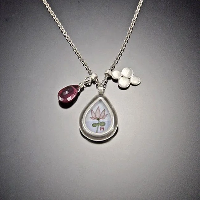 colorful stone necklace for girls -Lotus Charm Necklace with Pink Tourmaline Teardrop