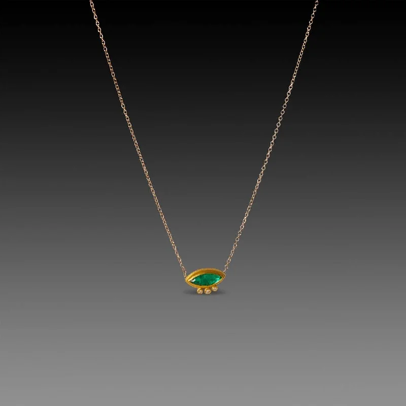 moon pendant necklace for women -Marquise Emerald Necklace with Three Diamonds