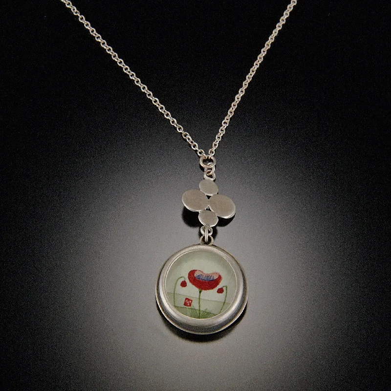 men’s leather necklace with pendant -Round Poppy Necklace