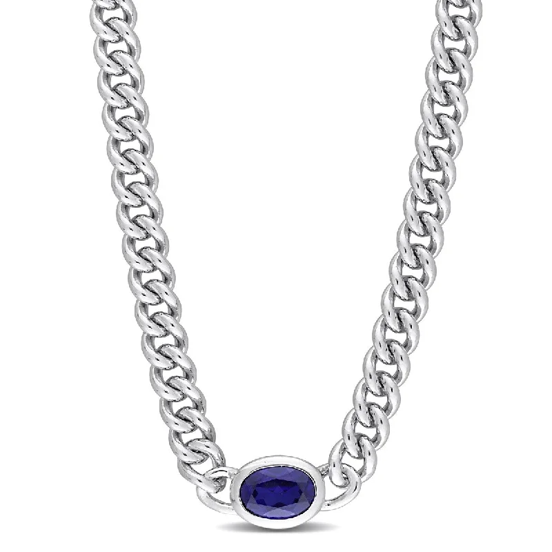 gold necklace for women -Miadora 1 1/4ct TGW Oval Created Blue Sapphire Curb Link Necklace Sterling Silver