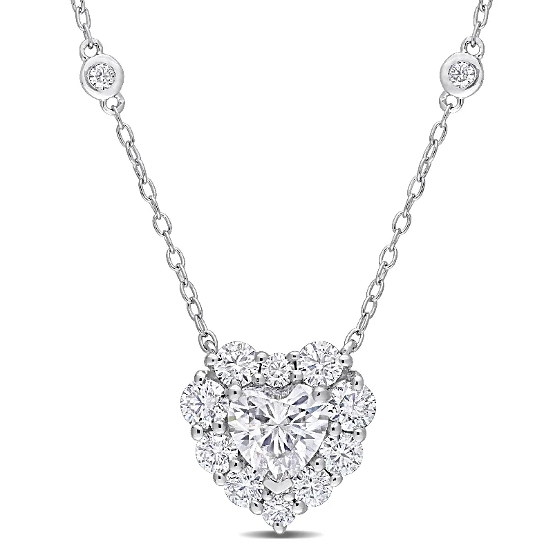 butterfly pendant necklace -Miadora 2 1/10ct DEW Heart-cut Moissanite Halo Station Necklace in Sterling Silver