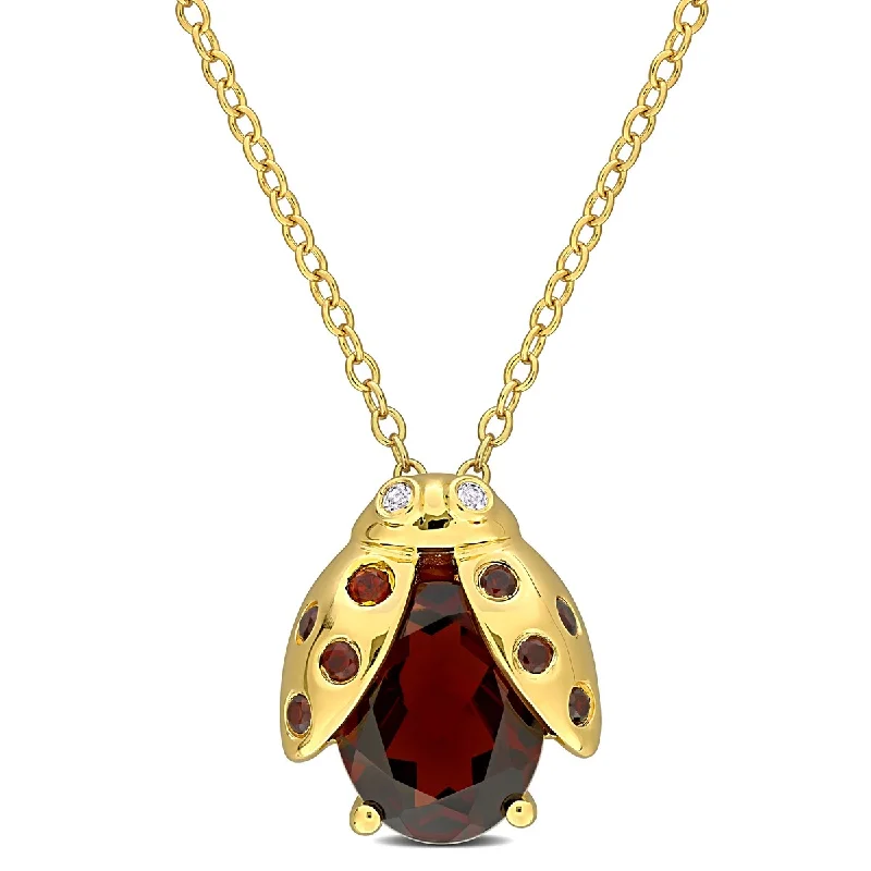 anniversary gift necklace for her -Miadora 3 1/10ct TGW Garnet White Topaz Ladybug Necklace Yellow Silver