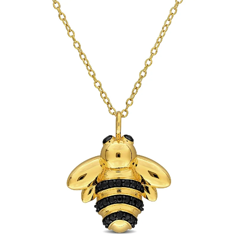 snake chain necklace for men -Miadora 5/8ct TGW Black Spinel Bee Necklace Yellow Silver-17in