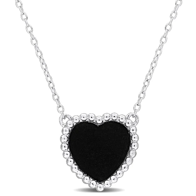 crystal necklace for weddings -Miadora 5ct TGW Heart Shape Black Agate Necklace Beaded Halo Sterling Silver