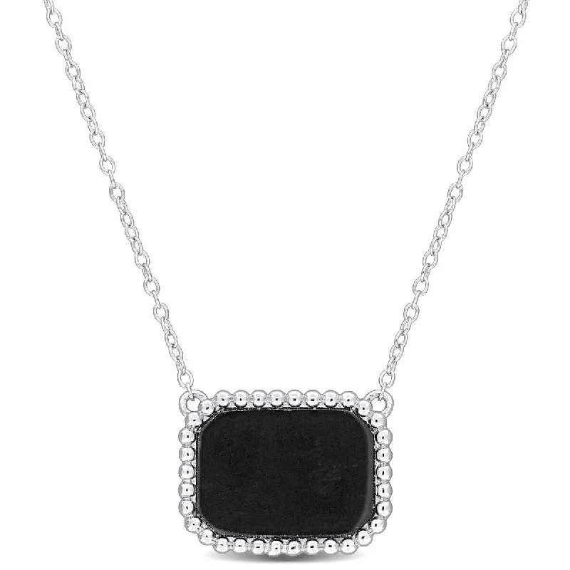 round pendant necklace for men -Miadora 5ct TGW Octagon-Cut Black Agate Halo Necklace Sterling Silver-17 in.