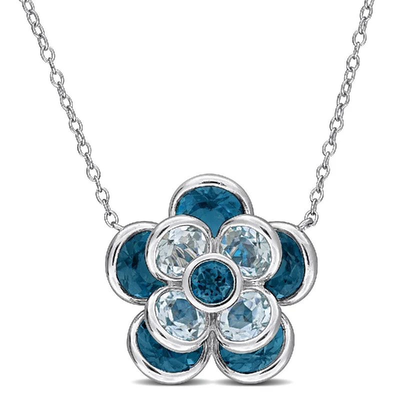 opal pendant necklace for women -Miadora 7 1/3ct TGW London Sky Blue Topaz Flower Necklace Sterling Silver