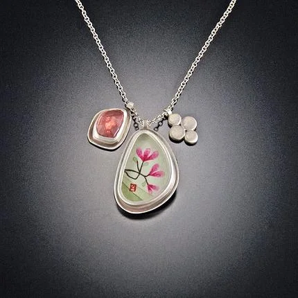 crystal pendant necklace -Narrow Organic Magnolia Charm Necklace with Pink Tourmaline