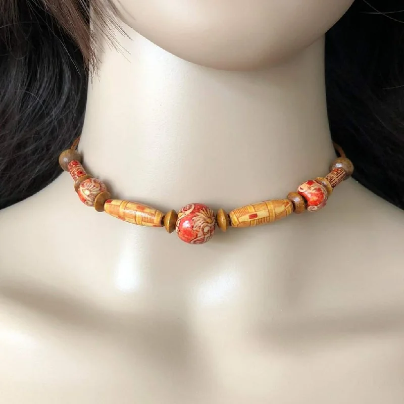 initial necklace for women -Natural Wood Brown, Beige, and Red Beaded Choker