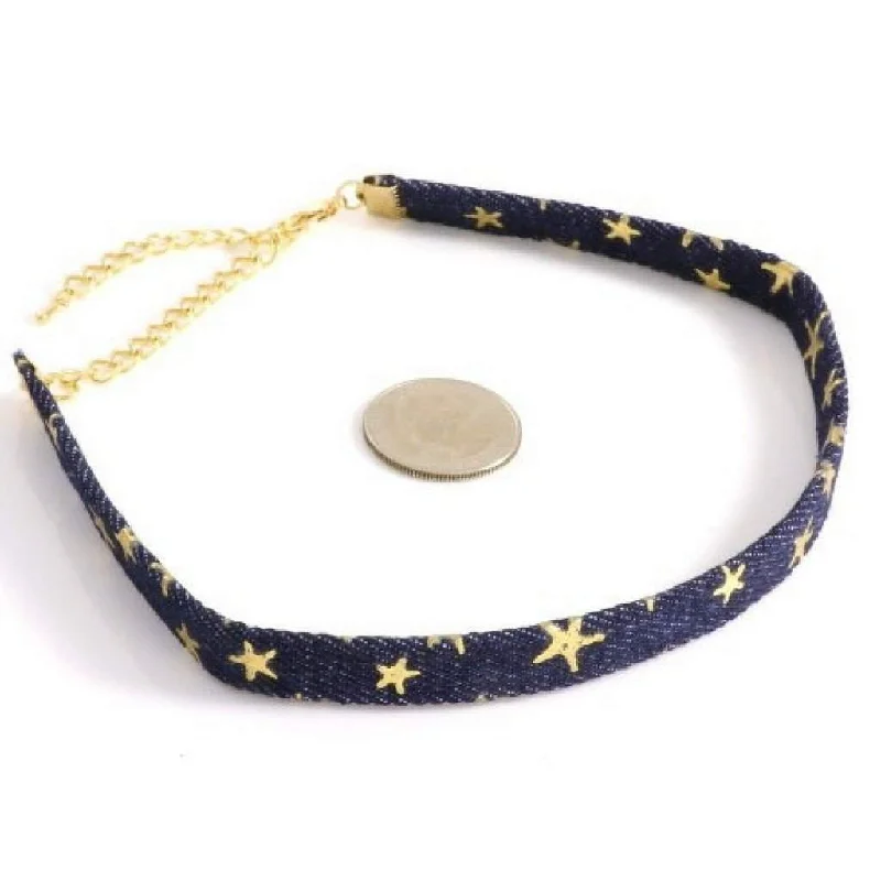 zodiac sign necklace for gifts -Navy Blue Denim Choker with Gold Stars