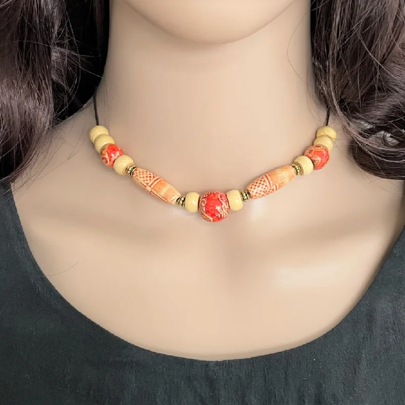 crystal pendant necklace -Orange and Beige Wood Beaded Choker