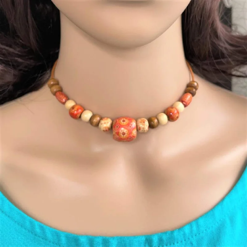 butterfly pendant necklace -Orange and Brown Wood Choker