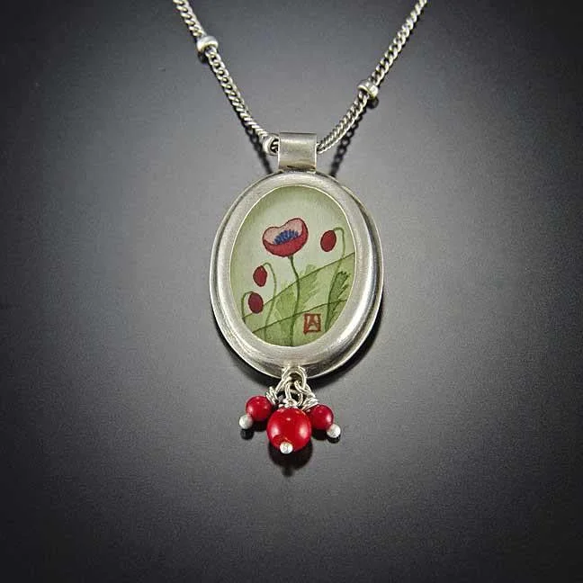 small pendant necklace for men -Oval Poppy Necklace with Coral