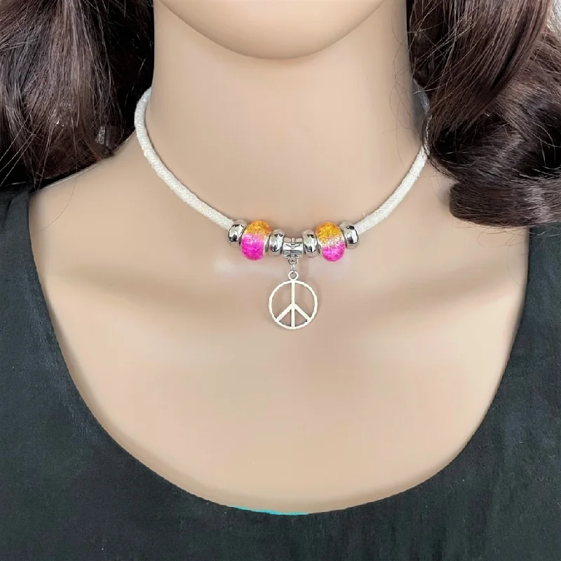 gemstone necklace for women -Peace Sign Beaded Choker