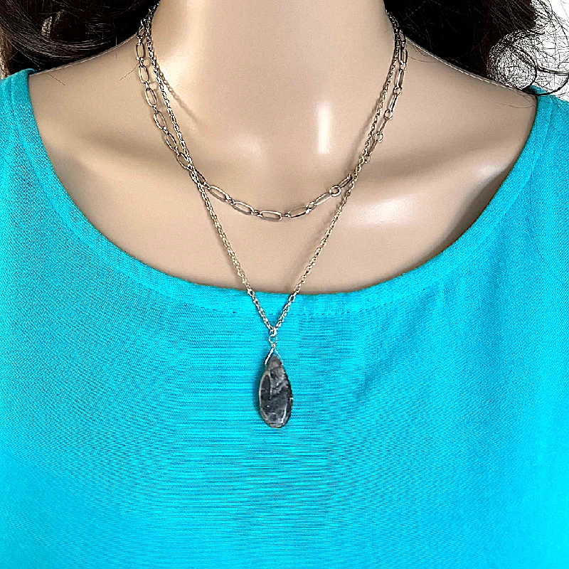 colorful stone necklace for girls -Picasso Marble Teardrop Layered Silver Necklace