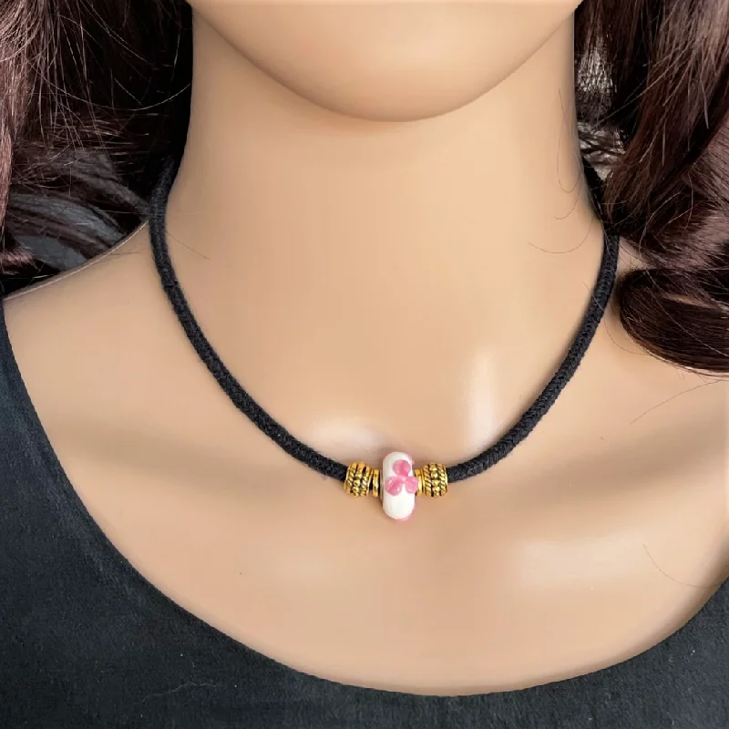 custom nameplate necklace -Pink Flower Bead Choker