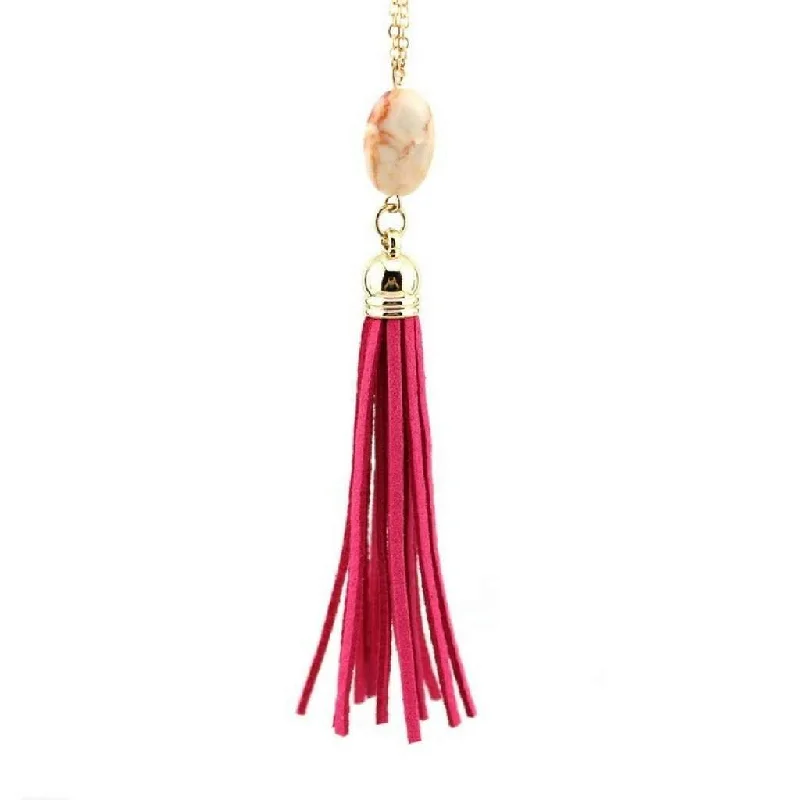 vintage silver necklace for men -Pink Natural Stone and Tassel Long Necklace