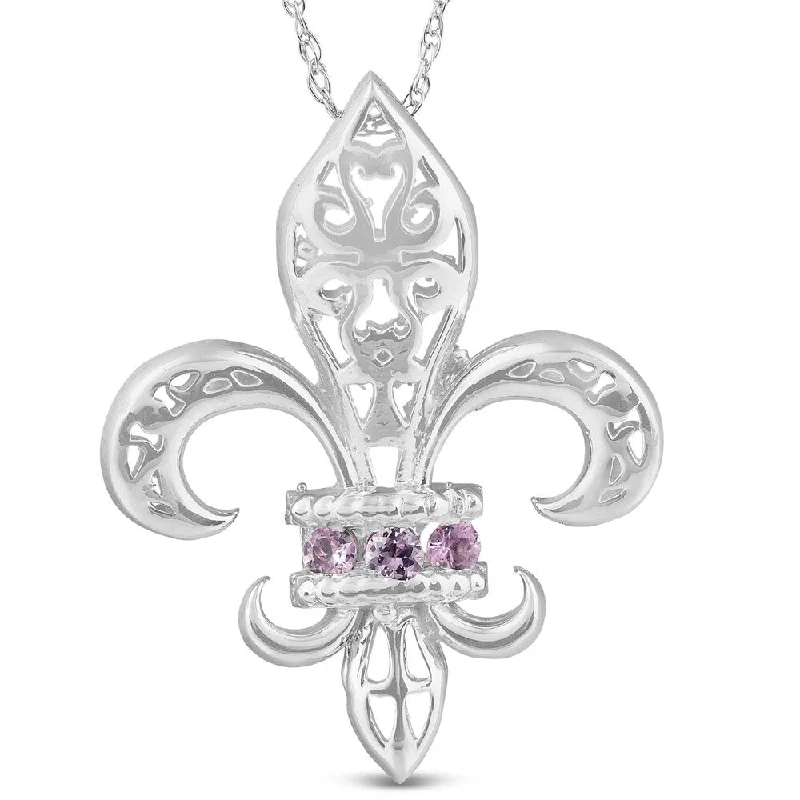 geometric necklace for women -Pink Sapphire Vintage Fleur De Lis Pendant 10KT White Gold 1"