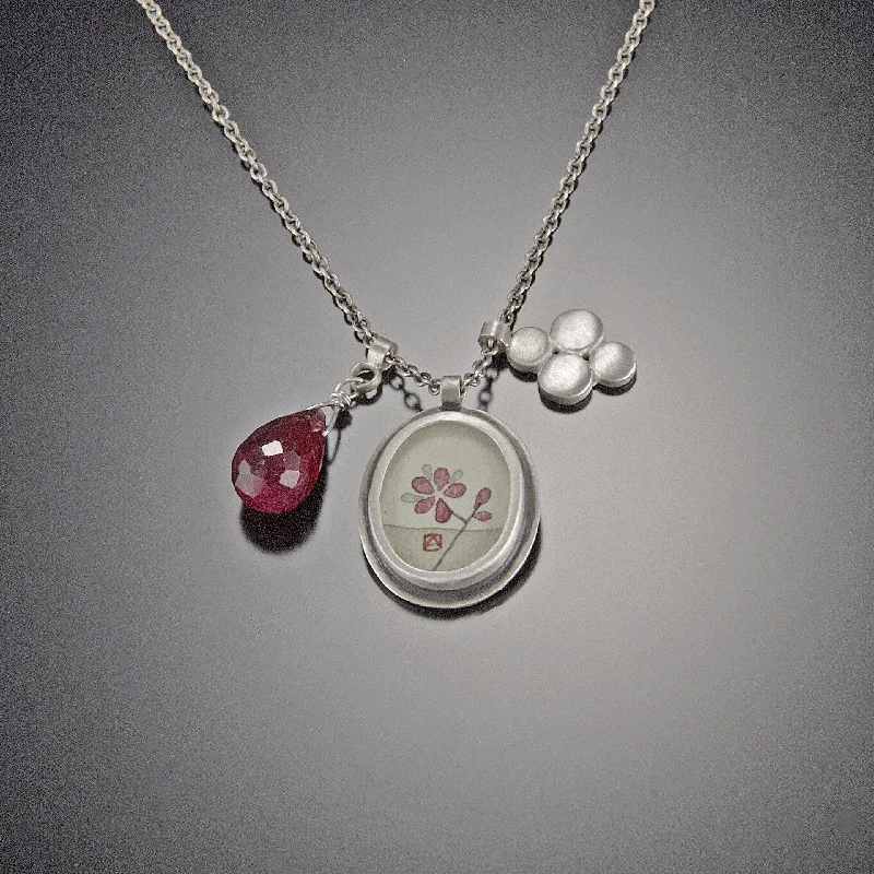 custom engraved necklace for women -Plum Blossom Charm Necklace with Ruby Teardrop